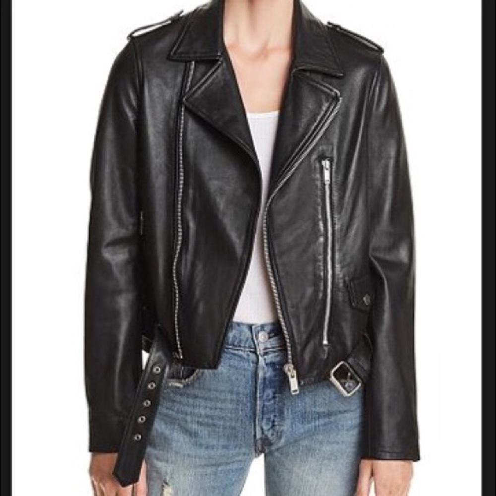 Women Belted Leather Moto Jacket